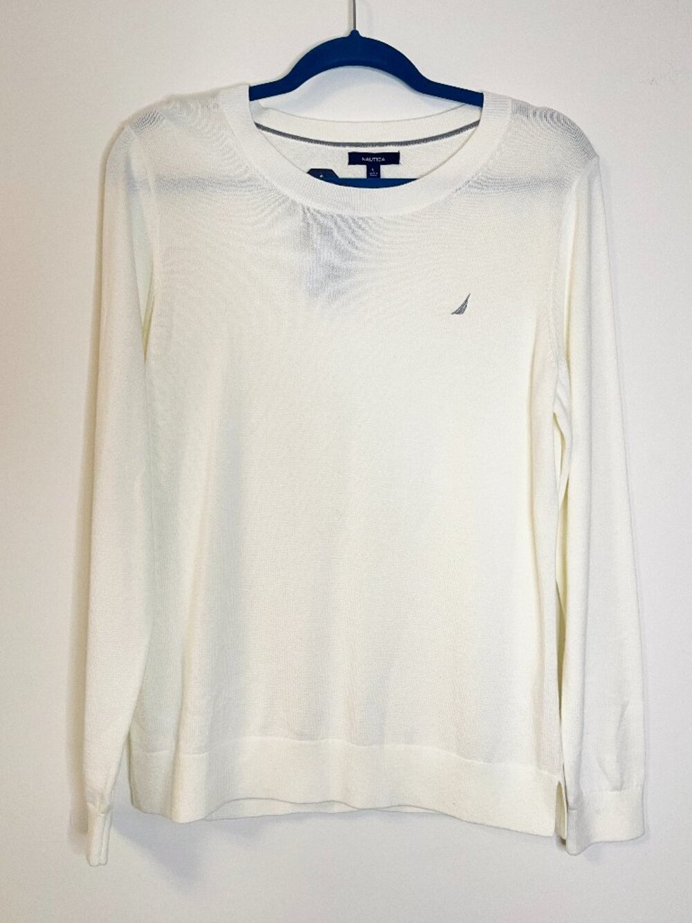 Nautica White Lightweight Sweater Women’s Large Crewneck Knit Logo Preppy NWT